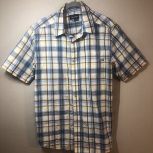 Marmot‎ Shirt Men's M Yellow/ Blue Plaid Short Sleeve Button Up Pocket Outdoors
